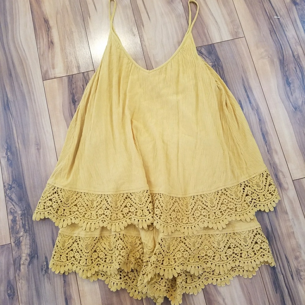 Mustard yellow gauzy crochet romper